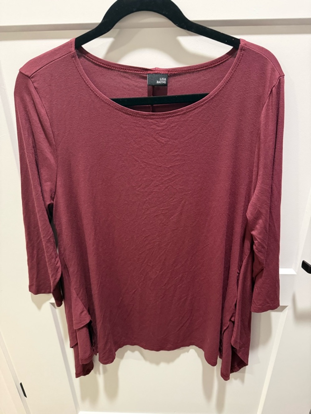 Lisa Bayne Burgundy Swing Top | 3/4 Sleeve Flowy Soft Stretch | Size L Made USA